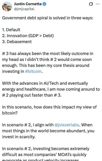 Excerpt of Justin Cornetta’s X post about Bitcoin