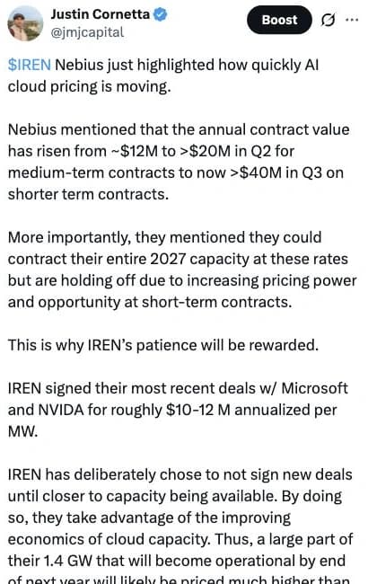 Excerpt of Justin Cornetta’s X post about IREN